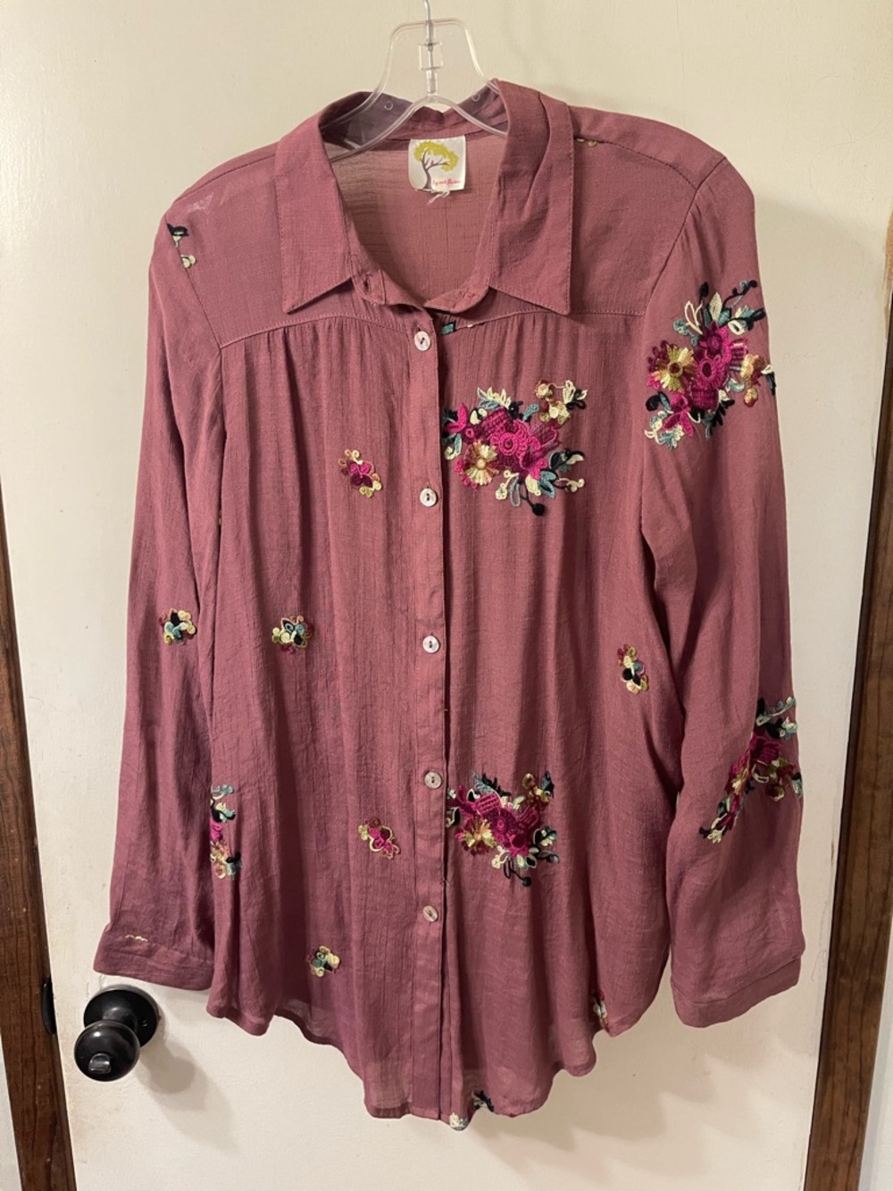 Anthropologie Fig and Flower Mauve-Pink Embroidered Button-Down Shirt Sz M #124